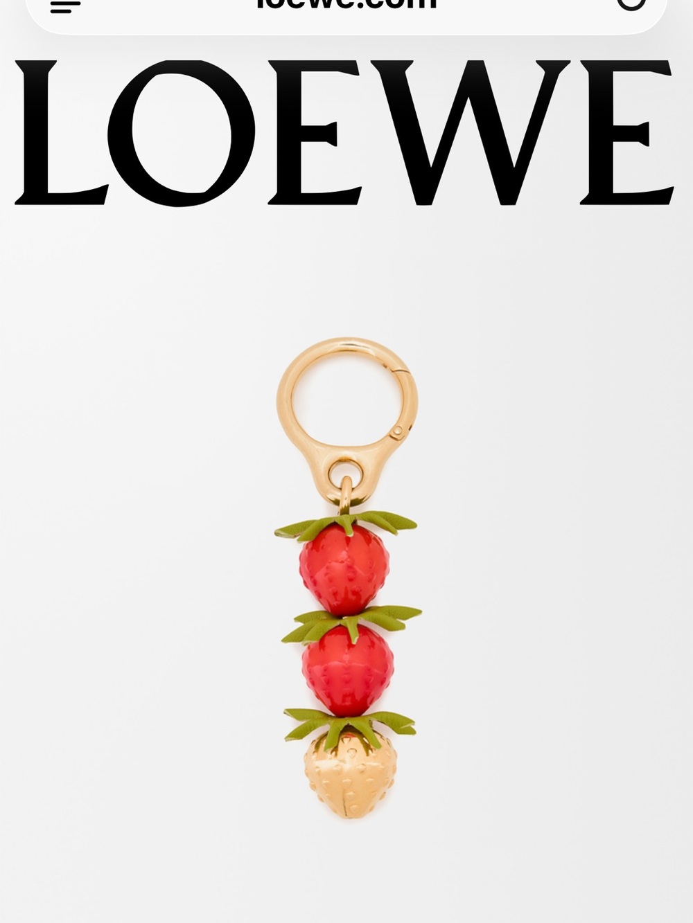 LOEWE Red Strawberry Trio Key Holder Charm with Green Leaves